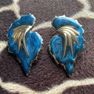 Vintage 80’s Blue Enamel and Gold tone  Leaf-Shaped Earrings